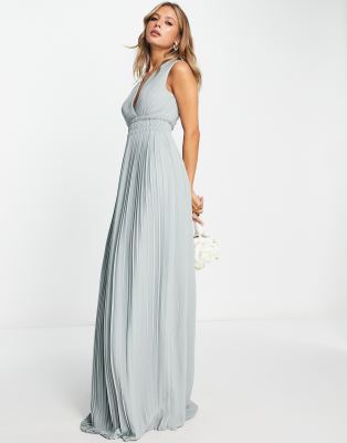 TFNC Bridesmaid pleat waistband maxi dress in sage green