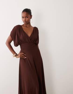 Tfnc Bridesmaid Pleated Chiffon Maxi Dress In Brown