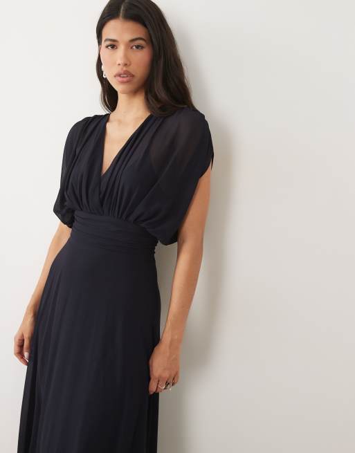 TFNC Bridesmaid pleated chiffon maxi dress in navy, 4 of 4