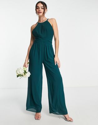TFNC Bridesmaid pleated halter neck wide leg jumpsuit in emerald