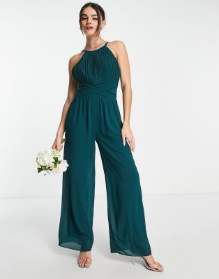 Tfnc Bridesmaid Pleated Halter Neck Wide Leg Jumpsuit In Emerald-green