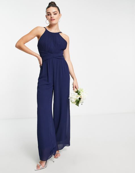 TFNC Bridesmaid pleated halter neck wide leg jumpsuit in navy - view 1