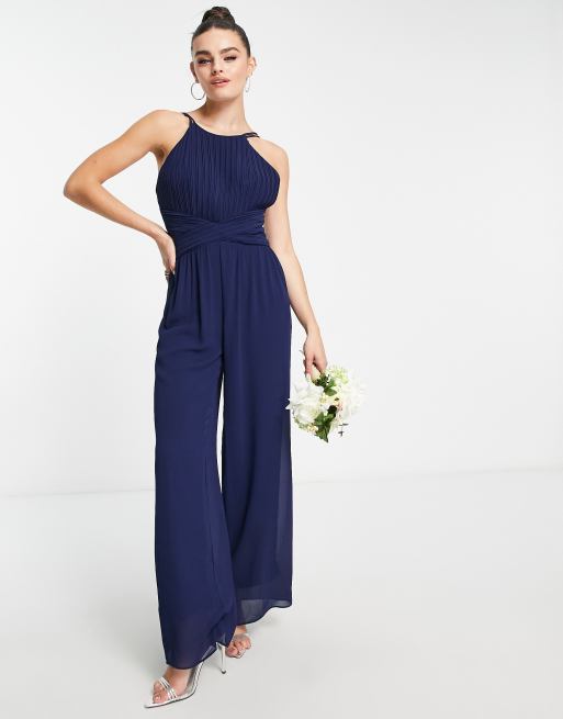 TFNC Bridesmaid pleated halter neck wide leg jumpsuit in navy | ASOS