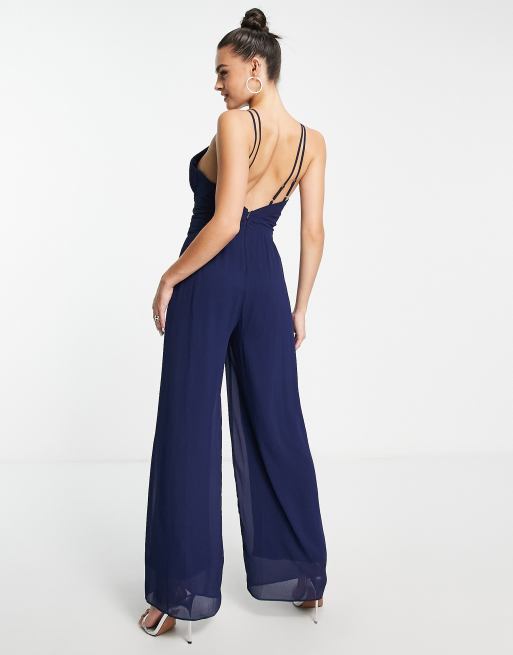 TFNC Bridesmaid pleated halterneck wide leg jumpsuit in navy, 2 of 4