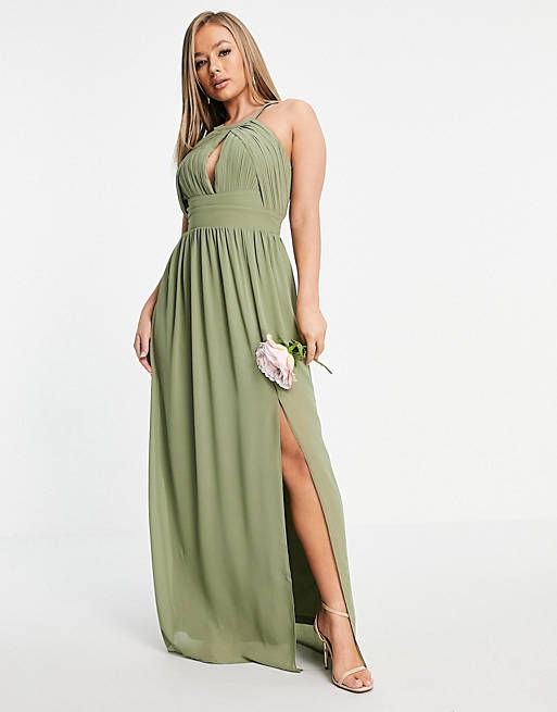TFNC Bridesmaid pleated maxi dress in dusky green