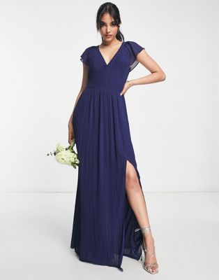 Tfnc Bridesmaid Pleated Maxi Dress In Navy Blue