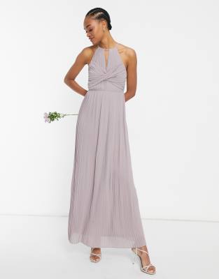 TFNC bridesmaid pleated wrap detail maxi dress in grey