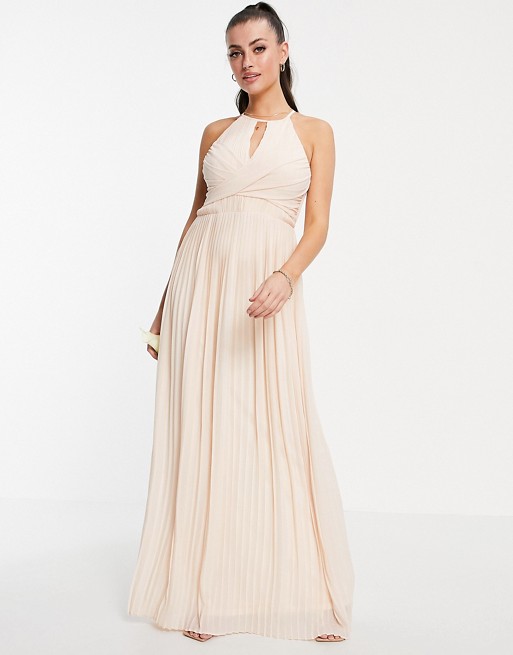 TFNC bridesmaid pleated wrap detail maxi dress with cut out in light blush