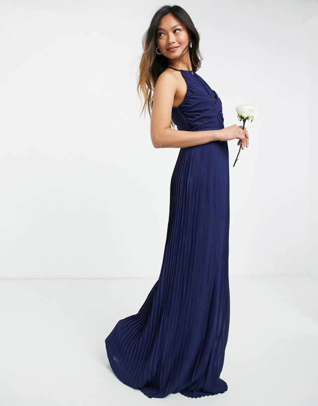 TFNC bridesmaid pleated wrap detail maxi dress in navy