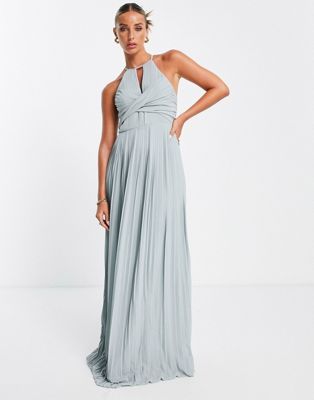 TFNC bridesmaid pleated wrap detail maxi dress in sage - ASOS Price Checker