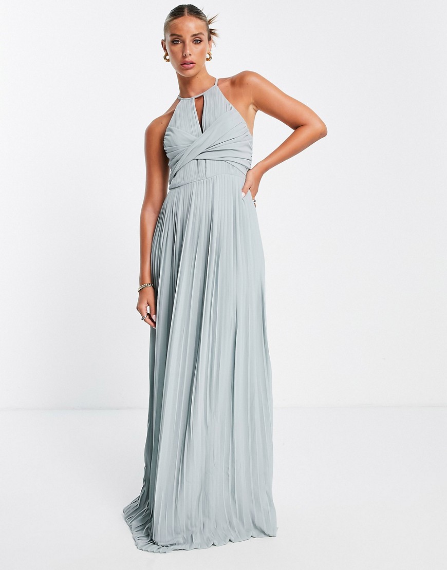 TFNC bridesmaid pleated wrap detail maxi dress in sage-Green