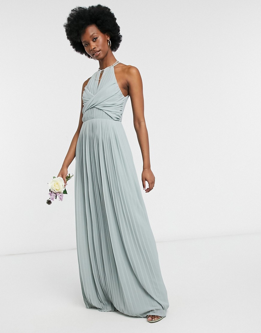 TFNC bridesmaid pleated wrap detail maxi dress in sage-Green