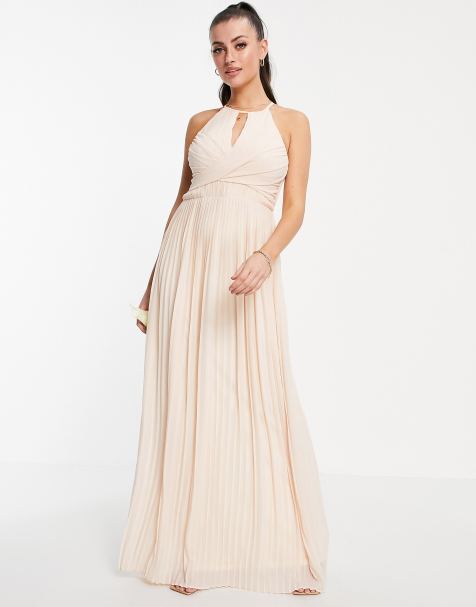 TFNC bridesmaid pleated wrap detail maxi dress with cut-out in light blush