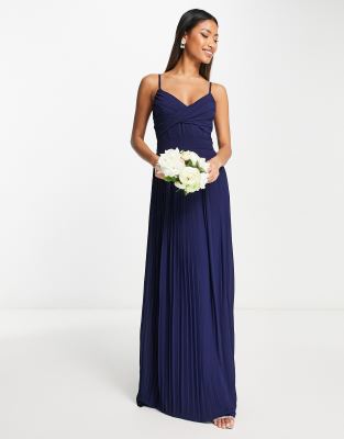 Tfnc Bridesmaid Pleated Wrap Front Maxi Dress In Navy Blue