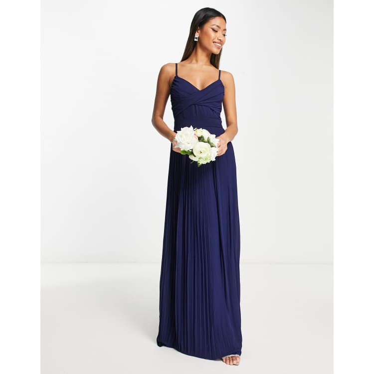 TFNC Bridesmaid pleated wrap front maxi dress in navy blue