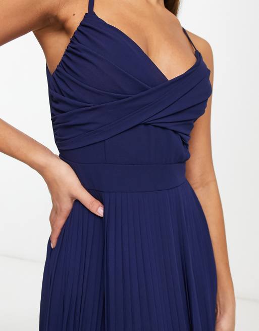 TFNC Bridesmaid pleated wrap front maxi dress in navy blue | ASOS