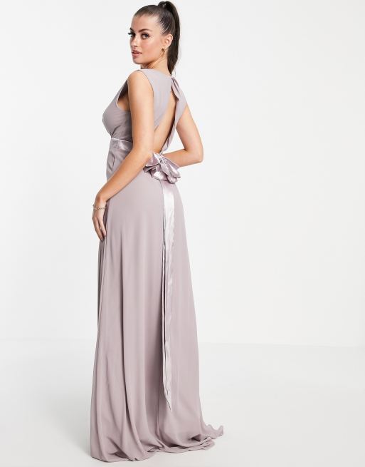 Sateen bow back maxi bridesmaid dress in on sale grey