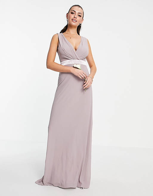 TFNC bridesmaid plunge front bow back maxi dress in grey