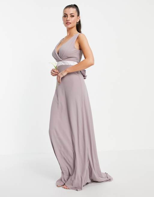 TFNC bridesmaid plunge front bow back maxi dress in grey