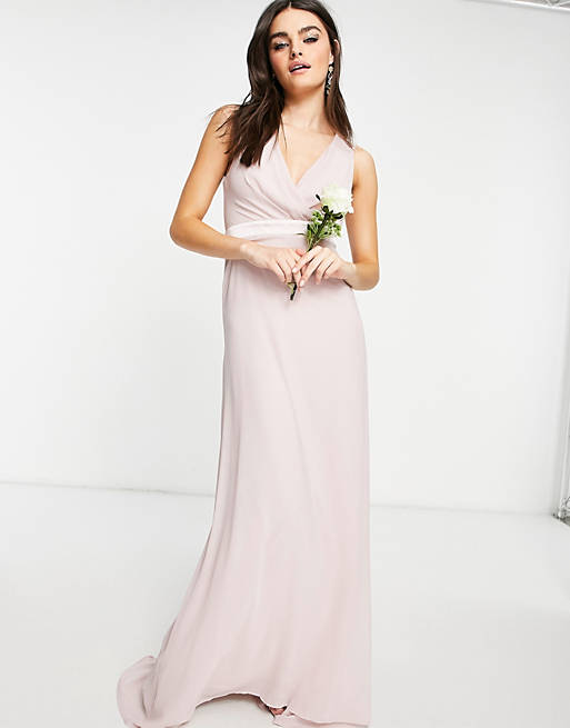 TFNC bridesmaid plunge front bow back maxi dress in mink