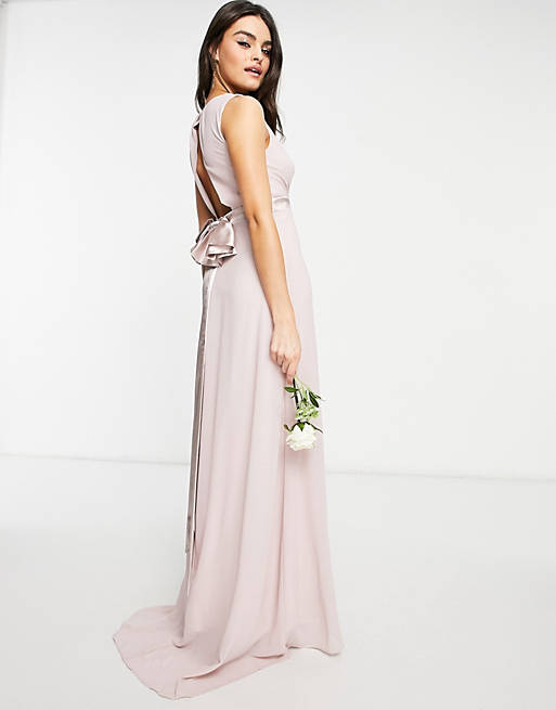 TFNC bridesmaid plunge front bow back maxi dress in mink