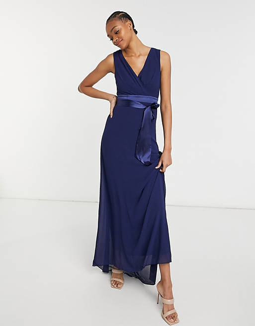 TFNC bridesmaid plunge front bow back maxi dress in navy