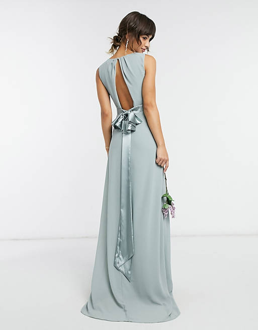 TFNC bridesmaid plunge front bow back maxi dress in sage