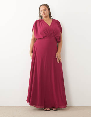 Tfnc Plus Tfnc Bridesmaid Plus Chiffon V-neck Drape Sleeve Pleated Maxi Dress In Pink