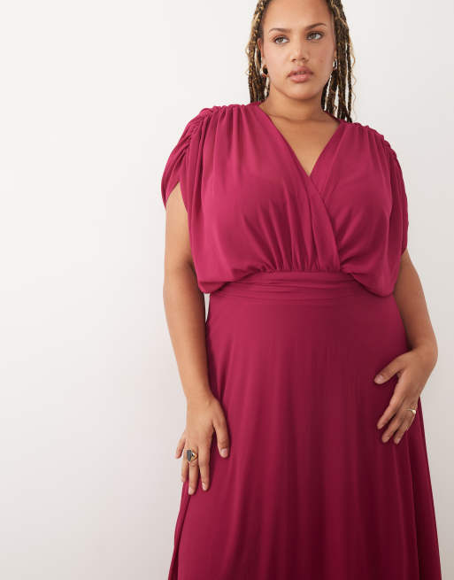TFNC Bridesmaid Plus chiffon v-neck drape sleeve pleated maxi dress in raspberry, 2 of 4