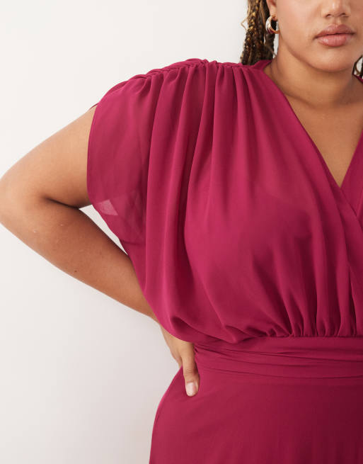 TFNC Bridesmaid Plus chiffon v-neck drape sleeve pleated maxi dress in raspberry, 3 of 4