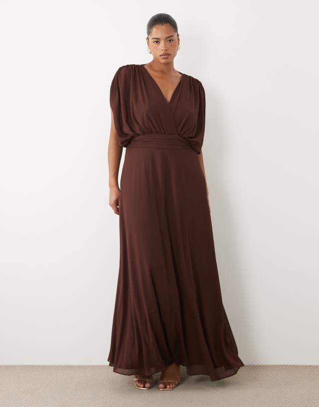 TFNC Bridesmaid Plus pleated chiffon maxi dress in chocolate