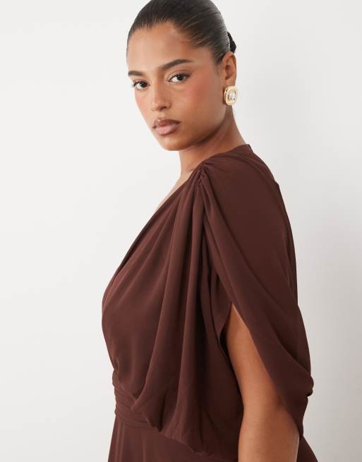 TFNC Bridesmaid Plus pleated chiffon maxi dress in chocolate, 2 of 4
