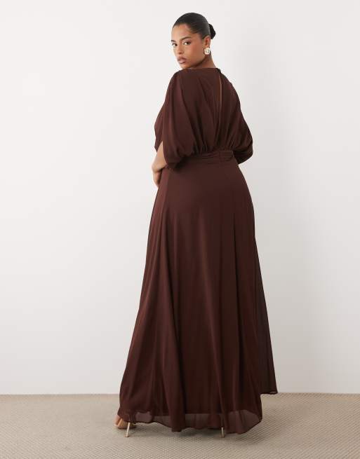 TFNC Bridesmaid Plus pleated chiffon maxi dress in chocolate, 3 of 4