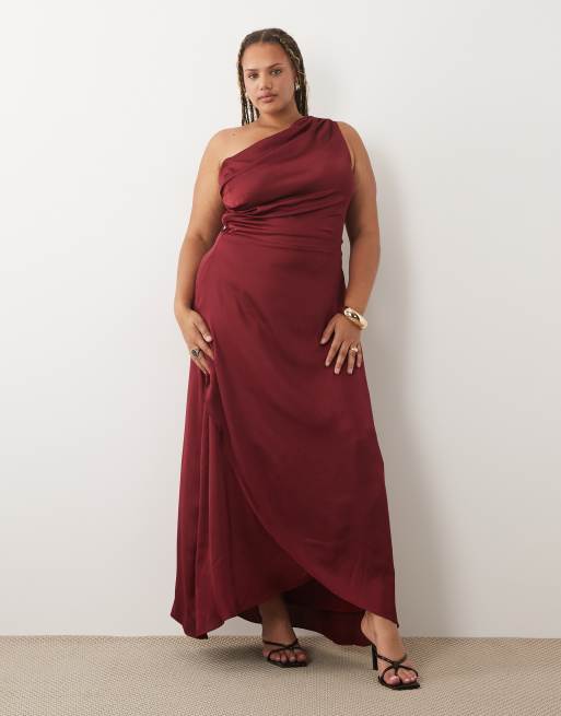 TFNC Bridesmaid Plus satin one shoulder wrap skirted maxi dress in burgundy