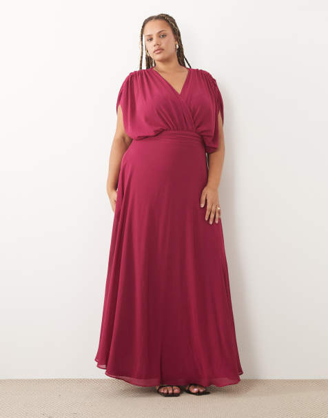 TFNC Bridesmaid Plus szyfonowa sukienka maxi z dekoltem w kształcie litery V, drapowanymi rękawami i plisowaniem w kolorze raspberry - view 1