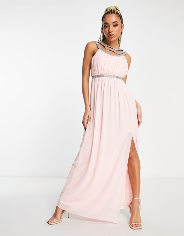 TFNC Bridesmaid premium embellished back and front maxi dress in whisper pink