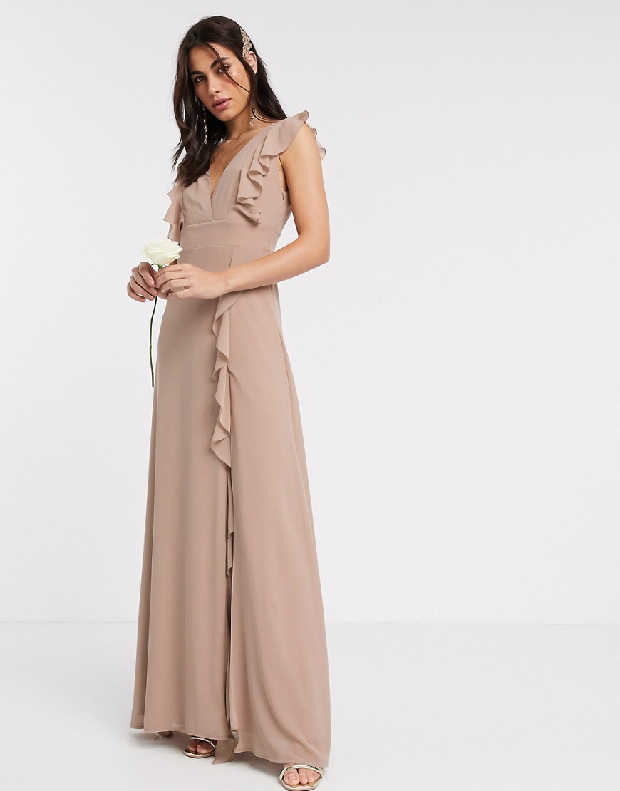 Product photo of Tfnc bridesmaid ruffle detail maxi dress in minkbrown