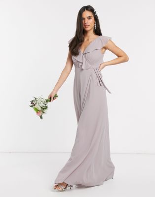 TFNC bridesmaid ruffle detail maxi dress with thigh split in gray