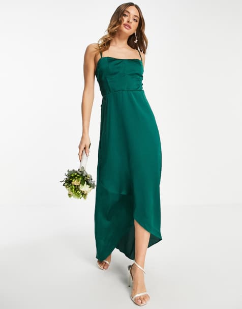 TFNC Bridesmaid satin cami dress in emerald green  - view 1