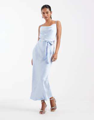 Tfnc Bridesmaid Satin Cami Tie Waist Midaxi Dress In Blue