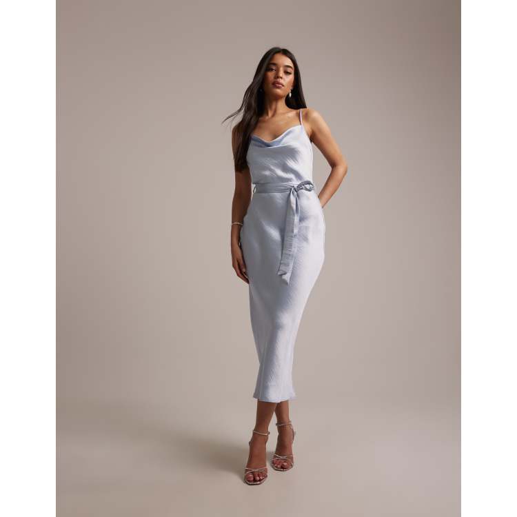 silk dress with tie waist TFNC Bridesmaid satin cami tie waist midaxi dress in blue