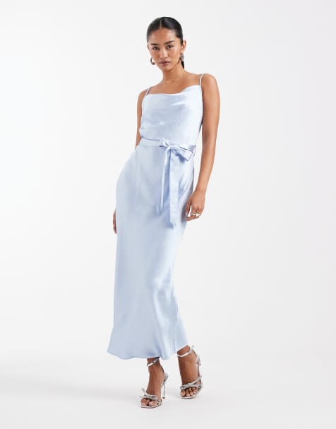 TFNC Bridesmaid satin cami tie waist midaxi dress in blue