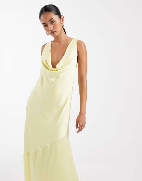 TFNC Bridesmaid satin cowl front and back maxi dress in butter lemon - view 1