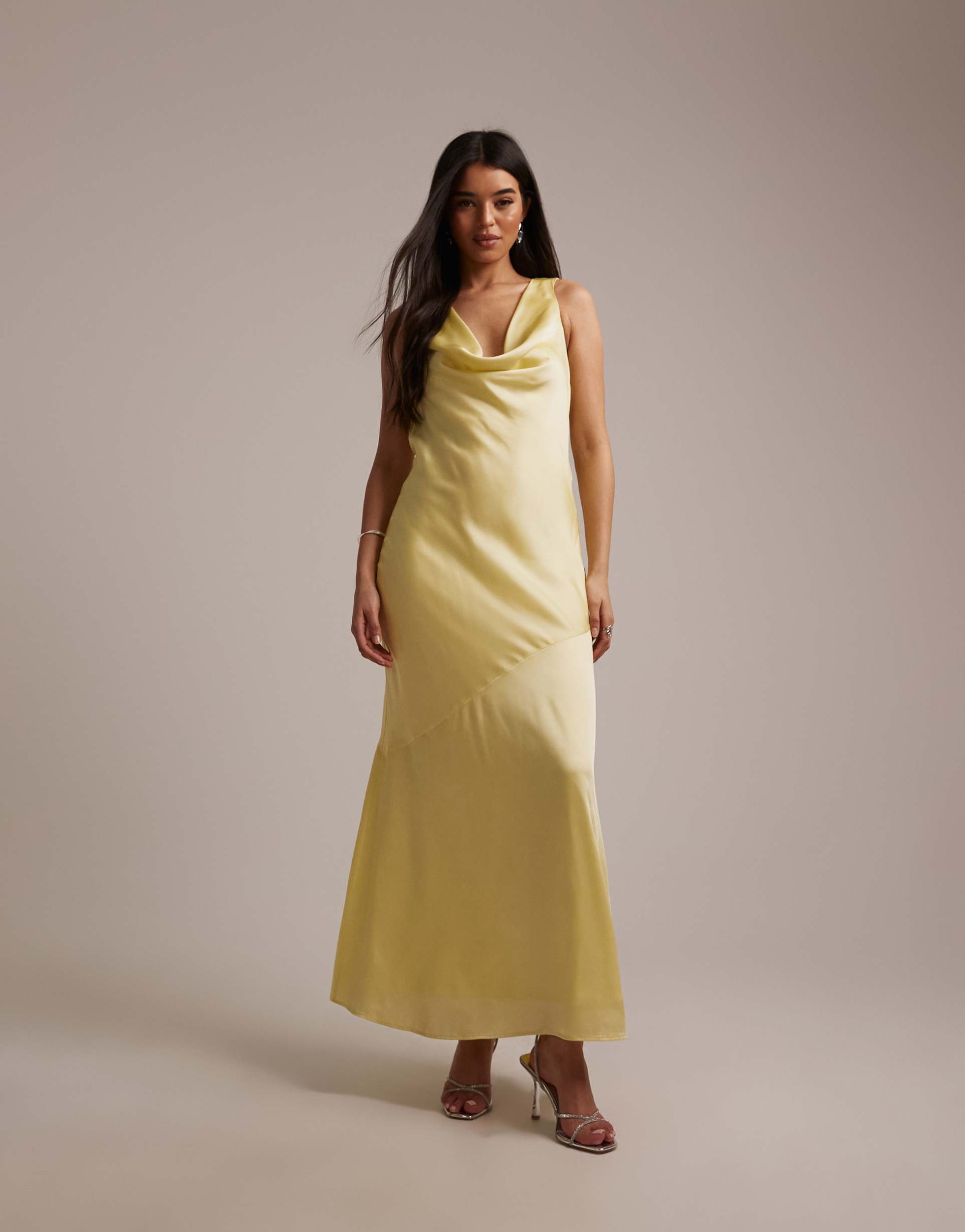 tfnc bridesmaid satin cowl front and back maxi dress in lemon