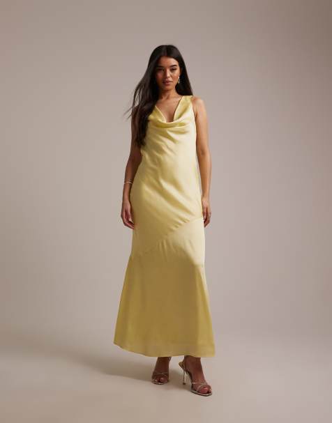 TFNC Bridesmaid satin cowl front and back maxi dress in lemon
