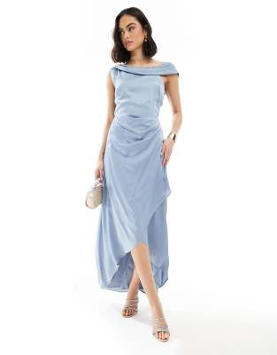 Bridesmaid satin fallen shoulder maxi dress with wrap skirt in dusty blue