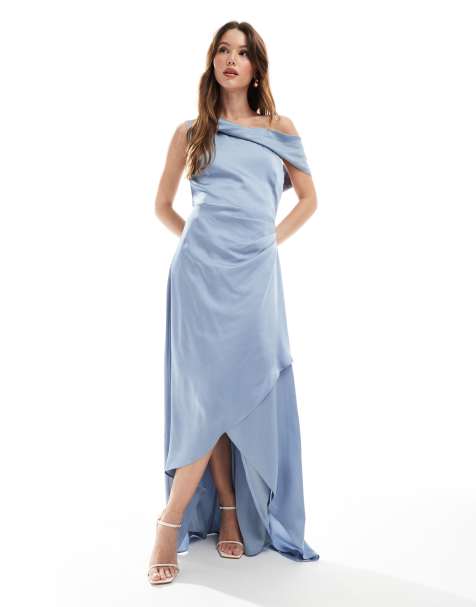 TFNC Bridesmaid satin fallen shoulder maxi dress with wrap skirt in dusty blue  - view 1