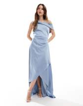 ASOS DESIGN scuba fallen shoulder manipulated folds midi dress in dusty rose