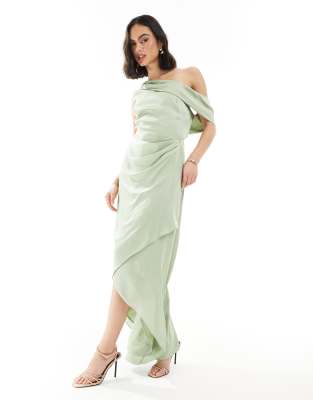 Bridesmaid satin fallen shoulder maxi dress with wrap skirt in sage-Green