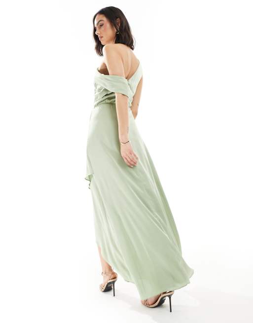 TFNC Bridesmaid satin fallen shoulder maxi dress with wrap skirt in sage, 2 of 4